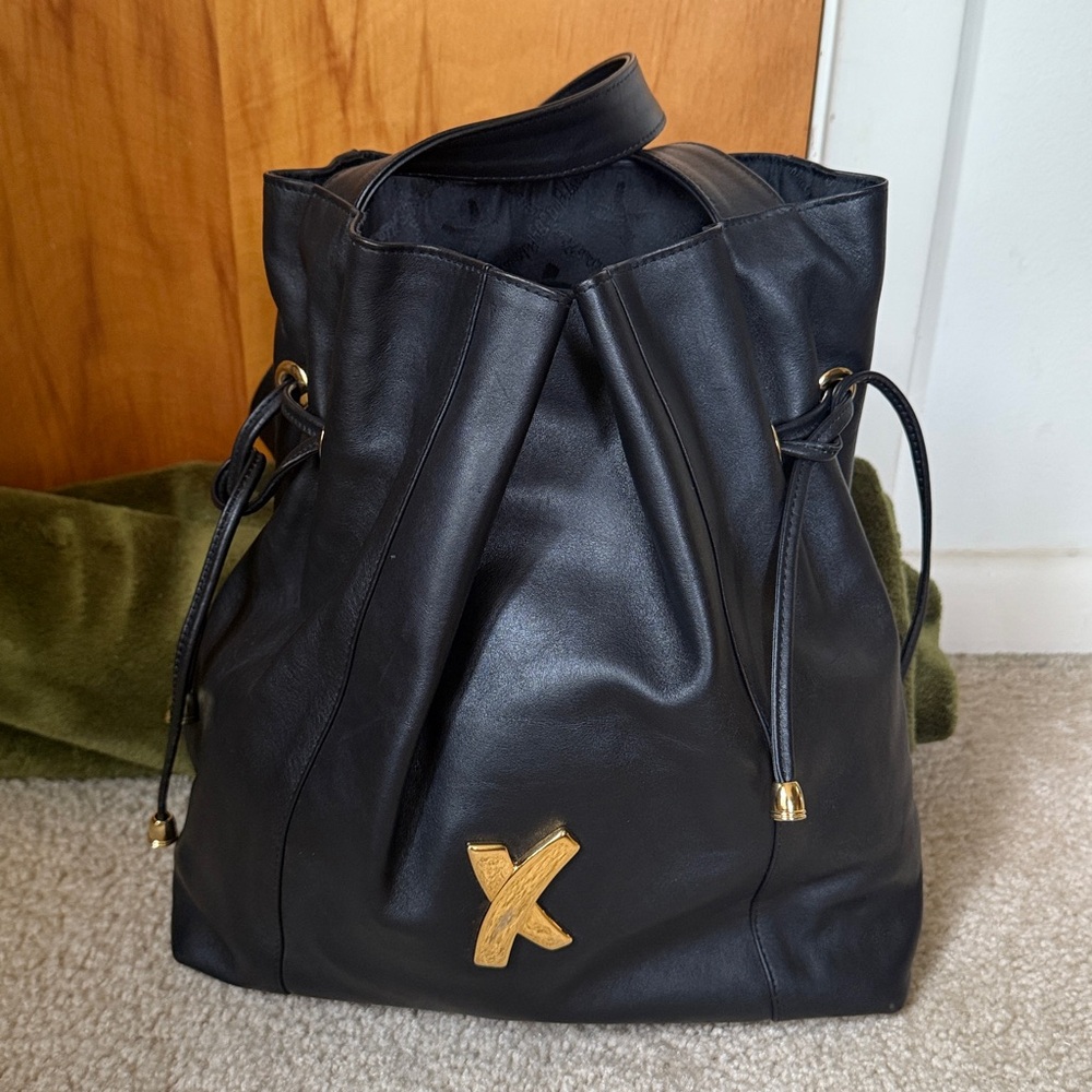 Paloma Picasso Black Leather Drawstring Bag with Gold Accent